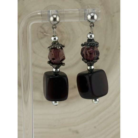 Unbranded Jewelry - Vintage Boho Beaded Dangle Earrings Purple Glass & Black Cube Beads Silver Tone